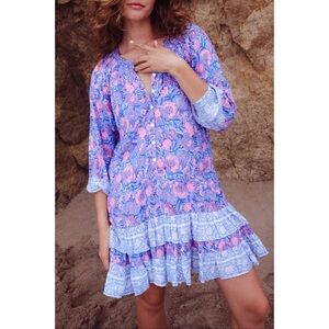 NWT Alicia Bell Luna Mini Dress $295, XS, Floral Blue and Pink Button-Down Dress